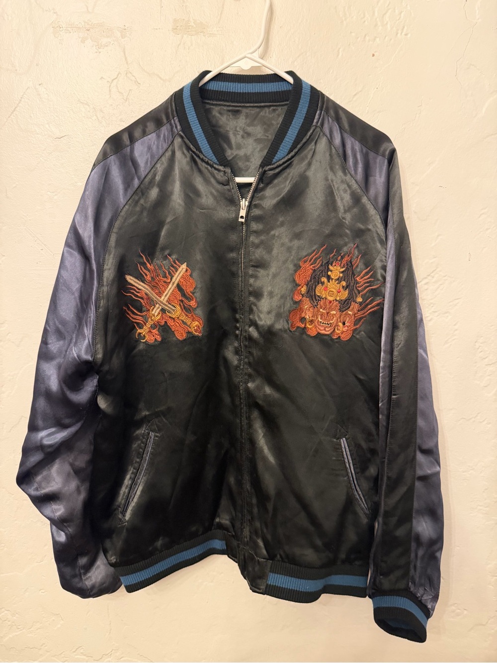 Embroidered Satin Bomber Jacket - Black & Blue